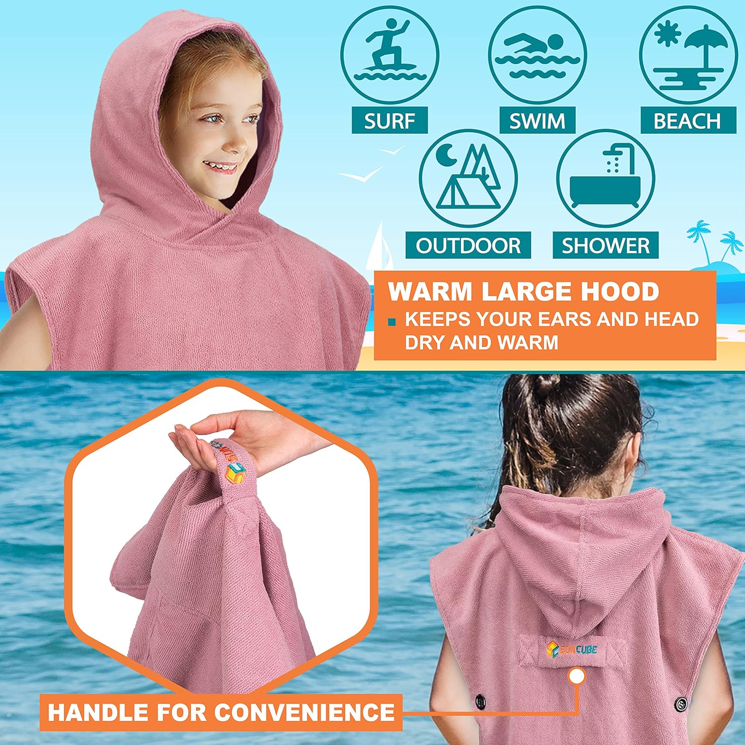 SUN CUBE Kids Hooded Microfiber Swim Towel