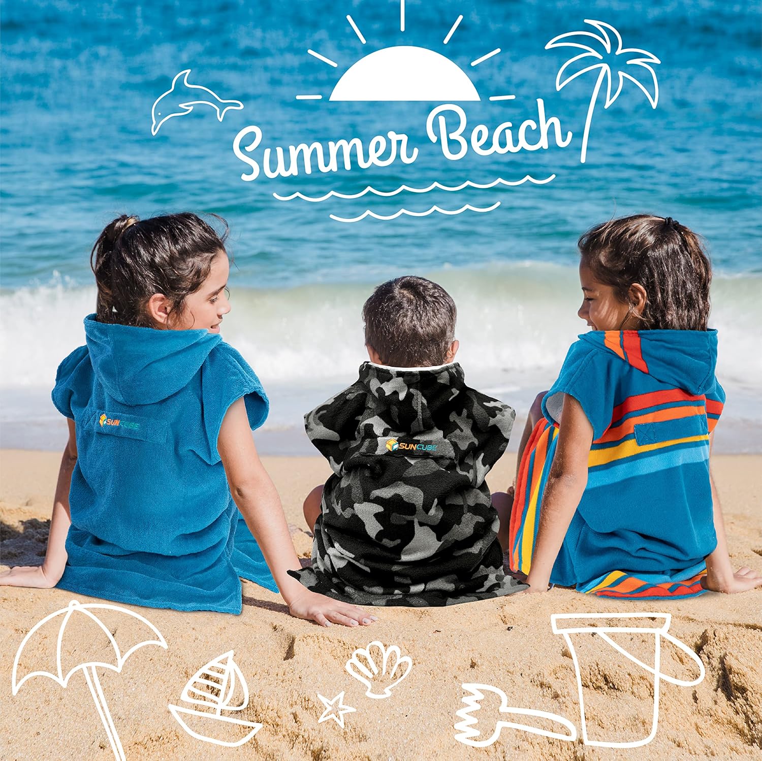 SUN CUBE Kids Hooded Swim Poncho Robe for Beach and Pool Use