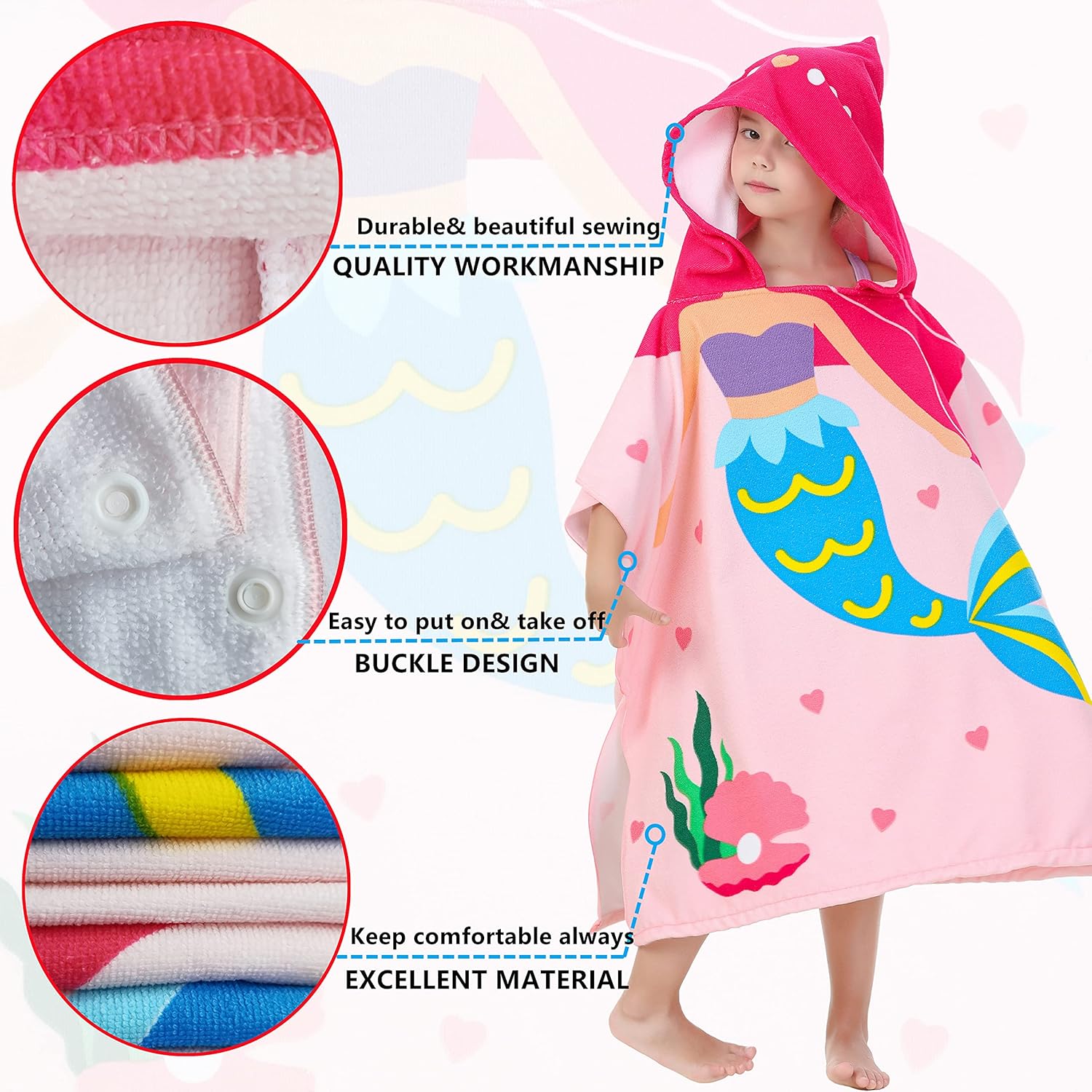 Big Pink Mermaid Kids Bath Towel for 3-10 Year Old Girls