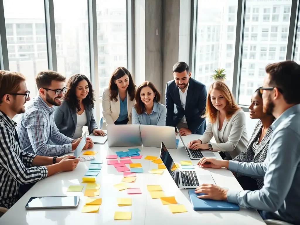 A professional image showing a diverse team of ORNUCHTECH LTD consultants brainstorming and collaborating on a digital strategy in a modern office setting. The atmosphere is energetic and focused, symbolizing innovation and teamwork.