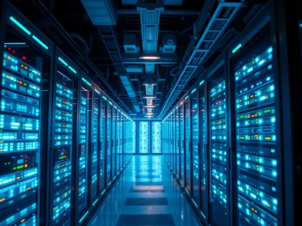 An image depicting a secure cloud data center with glowing servers and network connections, symbolizing data security and efficient cloud infrastructure.