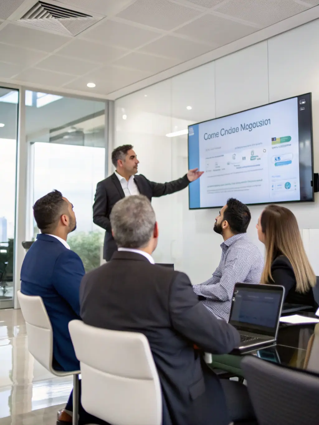 A photo of a consultant presenting a cloud migration roadmap to a client, showcasing the benefits of cloud technology.