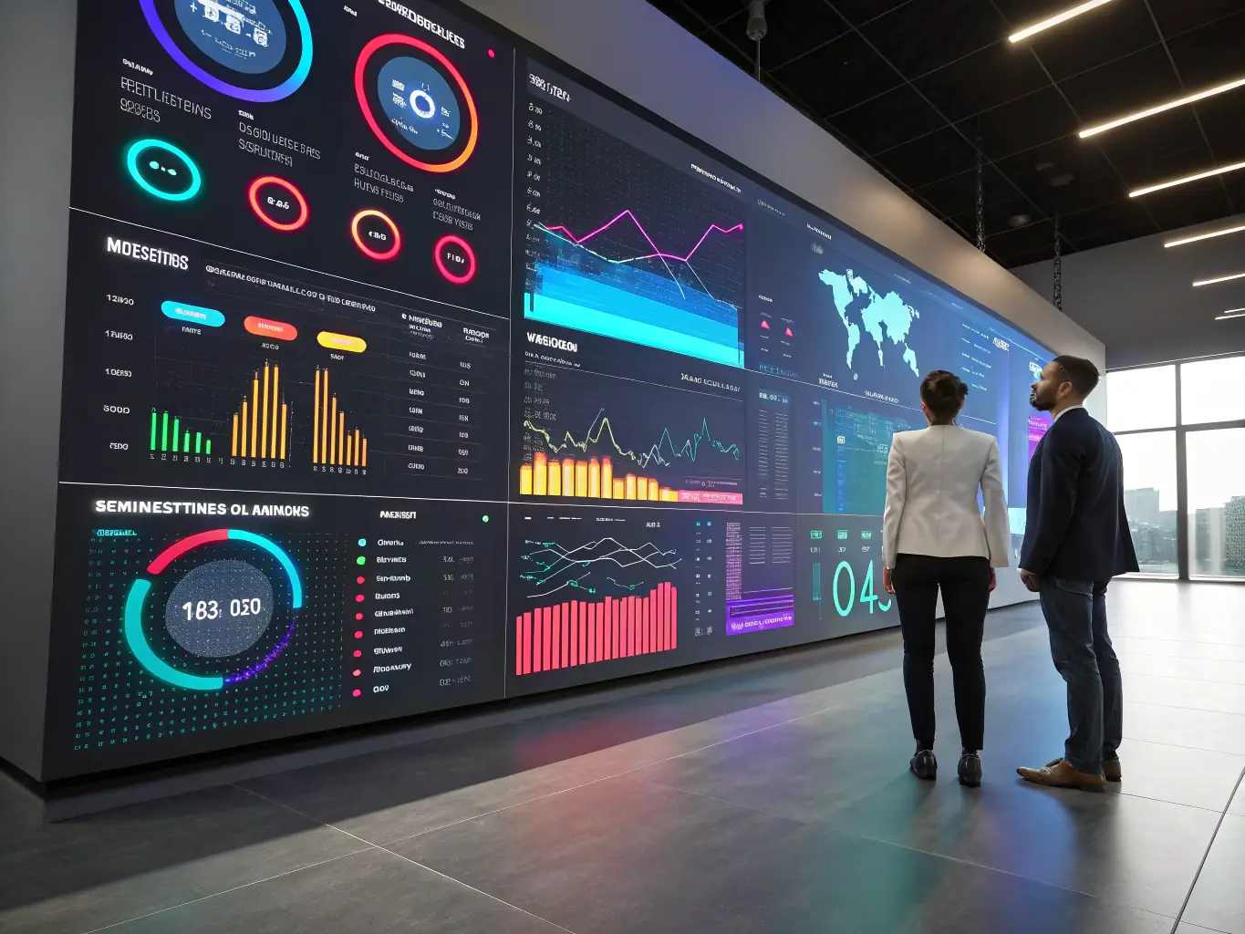 An image showing a futuristic interface with data visualizations and analytics dashboards, representing data-driven decision-making and business intelligence.